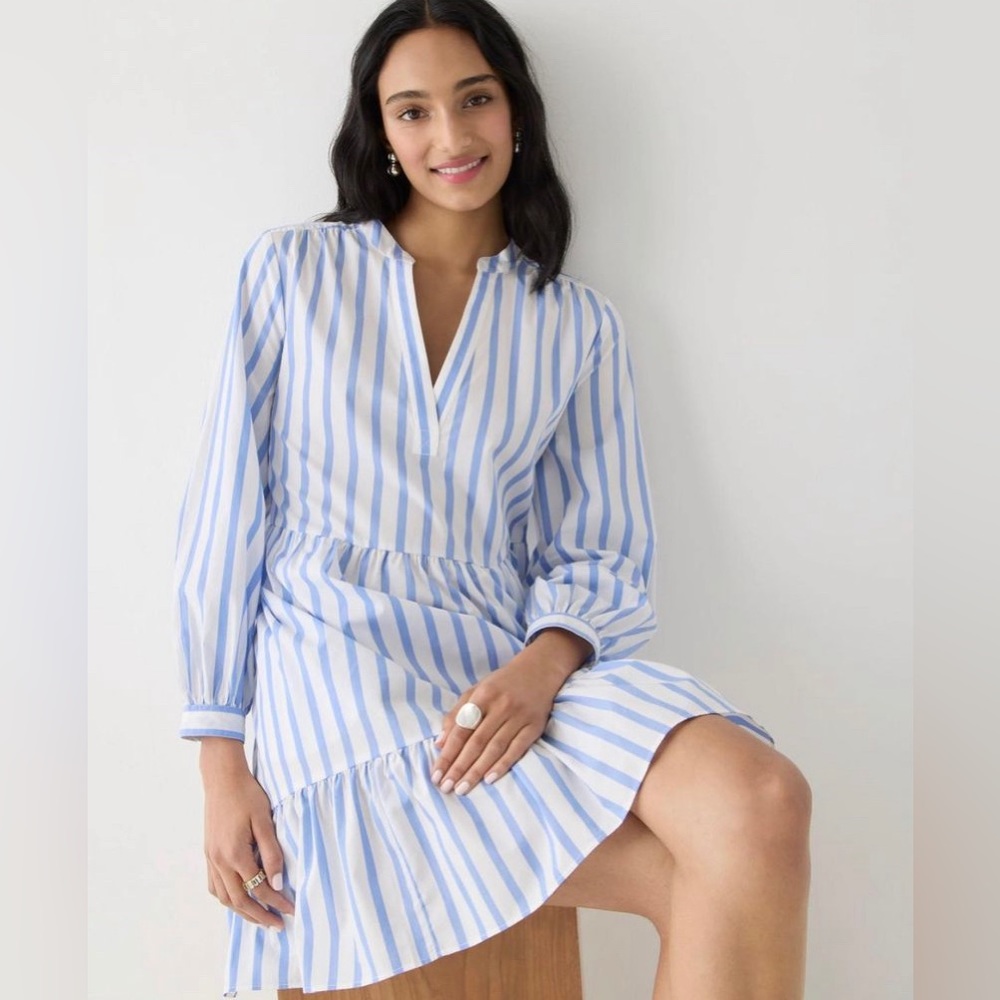 NWT J.Crew Tiered cotton poplin mini dress in Barrie stripe, size XXS, BP851